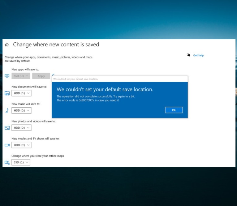Sửa lỗi We Couldn't Set Your Default Save Location